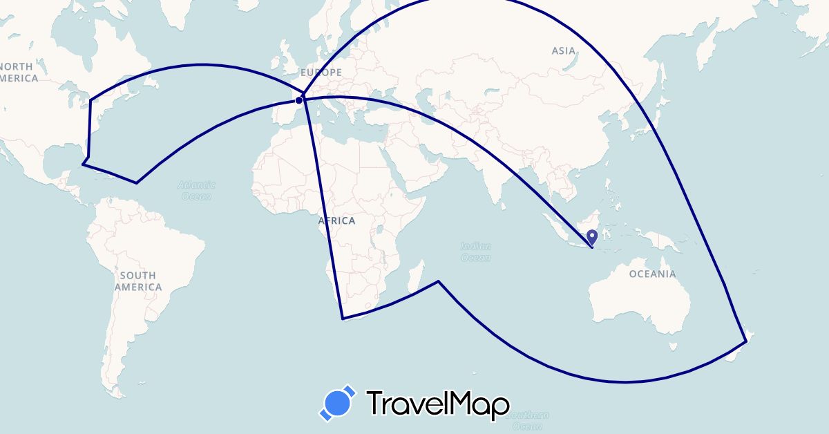 TravelMap itinerary: driving in Canada, Cuba, France, Guadeloupe, Indonesia, Japan, New Caledonia, New Zealand, Réunion, United States, South Africa (Africa, Asia, Europe, North America, Oceania)